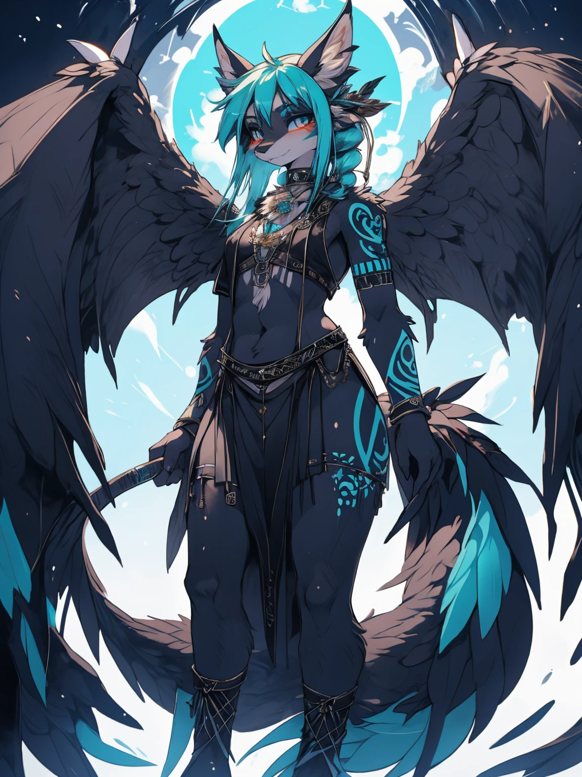 Miku Hatsune, add high definition_detail:1, blue fur,kitsune ears, tribal tattoo add_detail:1, in a ruins in the jungle, barefoot, the same, giant aqua feather wings add_detail:1 ,alas hermosas la mejor calidad y detail en las plumas, add blue saturation light_detail 