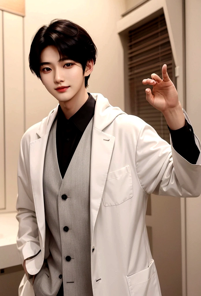 big smiling man, ((OK Sign)),(Fair skin),(know),Iris,(Gender: Natural Face),(Japanese),long body,handsome young asian man, Japanese idol style, short clean-cut hair, ((center part)), white lab coat, black hoodie underneath, calm confident expression, hands in lab coat pockets, plain white background, portrait, high quality, detailed, 8K, Shin Jinyoung, , Won Bin Lee, Inspired by Zhang Han