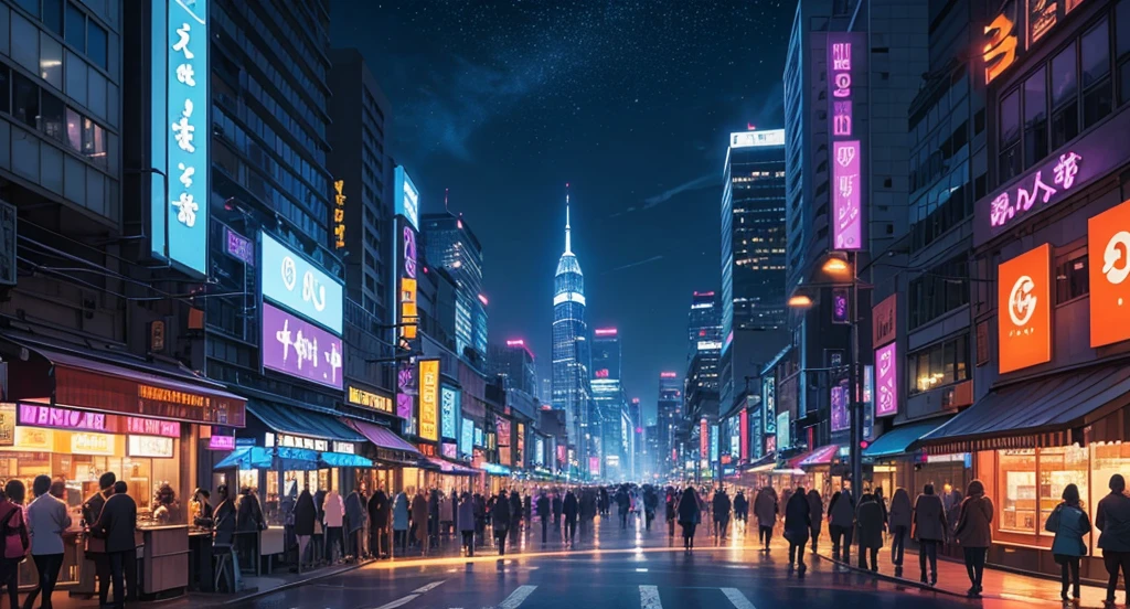 Create an illustration of a bustling city at night, with tall buildings illuminated by streetlights and neon signs. The night sky is clear, and stars sparkle brilliantly above the cityscape. Skyscrapers with reflective windows capture the glow of the city lights. Some buildings have rooftop gardens with faint, twinkling lights. The streets below are filled with cars, and the sidewalks are dotted with people going about their evening. Use a palette of deep blues and purples for the sky, and bright, warm colors for the city lights to create a vibrant, lively atmosphere.sun set.