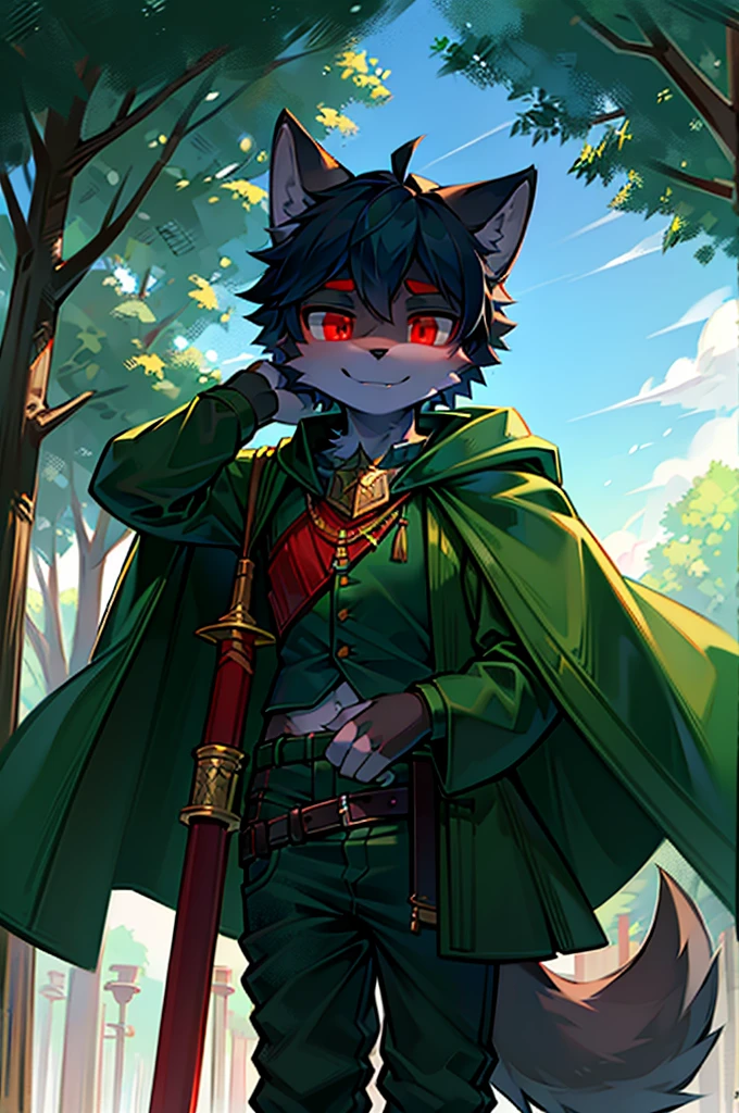 A Chico, Wolf, Green and black fur, young people, 17-year-old student,Two red eyes,There is a green ring on the hand,Cape around the neck,Wearing green combat uniform,With a long sword in hand,The pants are dark blue shorts,Smile,in the park,Alone,The sun shines