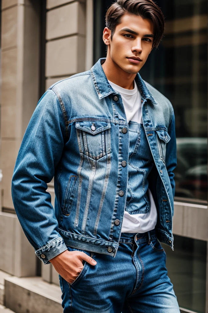 A male model wear denim jacket 