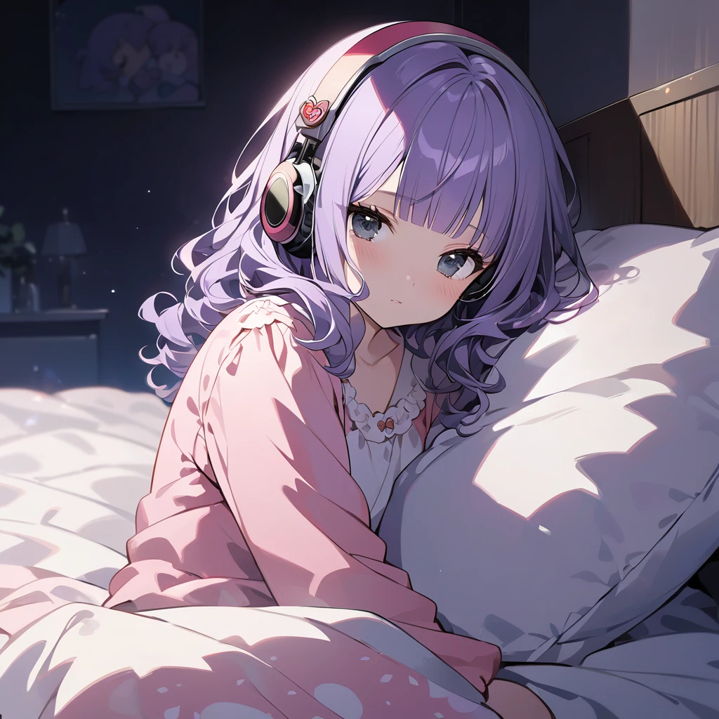  (Cute a girl:1.5), (a chibi girl with closs hair pin, pale purple hair, wavy hair, blunt bangs hair, green and black eyes,pink pajamas:1.4), anime visual, (tilt head:1.3), realistic lighting and shading, (an extremely delicate and beautiful art:1.3),Bedroom at night, knees hugged on bed, side view, square black headphones, Marshall logo on headphones, looking lonely,night lit,