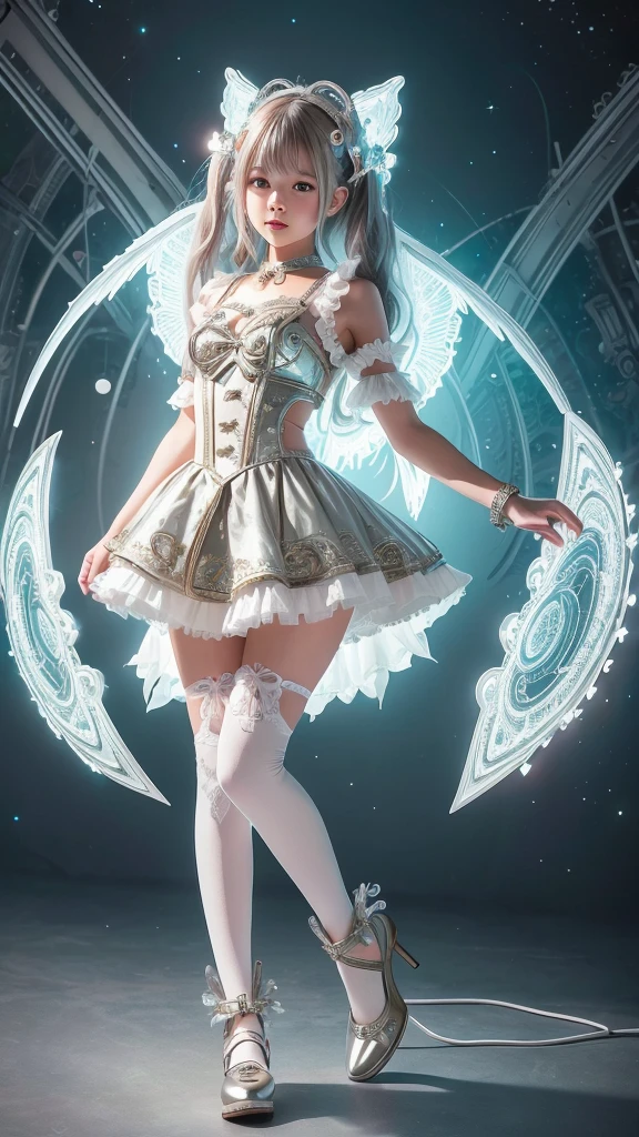 cyborg, girl, beautiful girl, cute, sexy, strong, thin, delicate, smile, (ta Costume), High Leg, metallic, Ultra Color, Paisley, headgear, Mandala, Near future, heaven, Angel, Fater, wing, Helix lamp