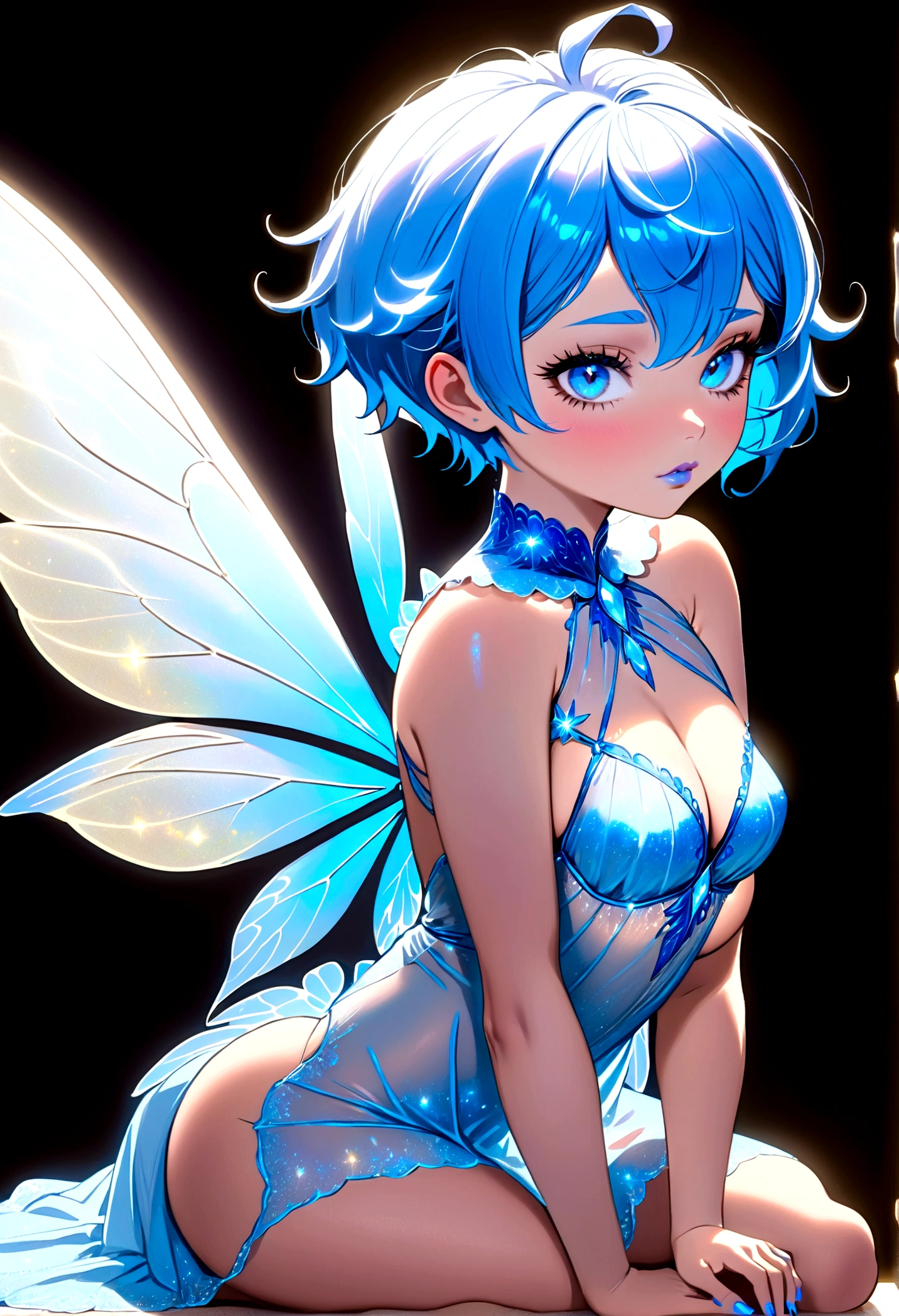 Delicate curvaceous sultry slutty fairy, kneeling with body sideview to camera in a tranquil atmosphere, her sky-blue messy pixie cut and matching sky-blue eyeshadow radiating an ethereal glow. Sapphire blue eyes sparkle with vulnerability as she gazes directly at the camera. Her massive breasts, large round ass, tiny waist, and curvaceous thighs are accentuated by the sheer white and blue tiny nightgown, hemline of nightgown is very short. Glowing blue lipstick adds a mesmerizing touch to her round feminine face, pair of fairy wings on back.