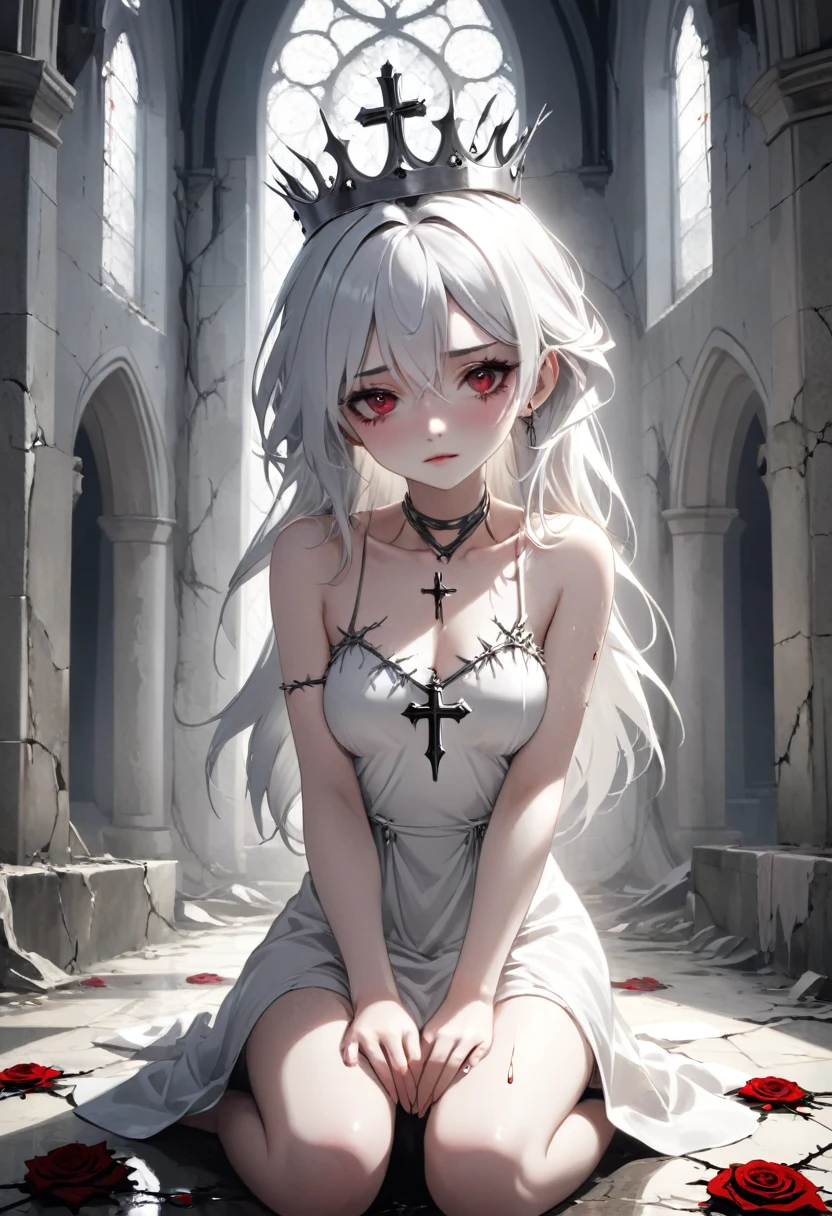 a girl with pale skin and white hair with gray undertones, wearing a crown of thorns from which small drops of blood trickle down her forehead, her eyes completely dark with an empty expression and a faint smile on her face, wearing a short white dress that reaches her knees, several silver roses adorn her body while sharp-thorned vines resemble necklaces wrapping her hands and waist, in a ruined church with cracked walls and broken windows, allowing in a timid light, next to an altar holding a cross adorned with various roses, an overall melancholic and mysterious atmosphere, emphasizing the loneliness and contrast between the girl's beauty and suffering