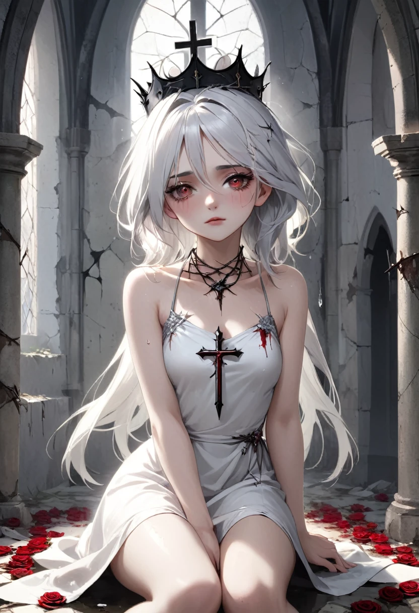 a girl with pale skin and white hair with gray undertones, wearing a crown of thorns from which small drops of blood trickle down her forehead, her eyes completely dark with an empty expression and a faint smile on her face, wearing a short white dress that reaches her knees, several silver roses adorn her body while sharp-thorned vines resemble necklaces wrapping her hands and waist, in a ruined church with cracked walls and broken windows, allowing in a timid light, next to an altar holding a cross adorned with various roses, an overall melancholic and mysterious atmosphere, emphasizing the loneliness and contrast between the girl's beauty and suffering