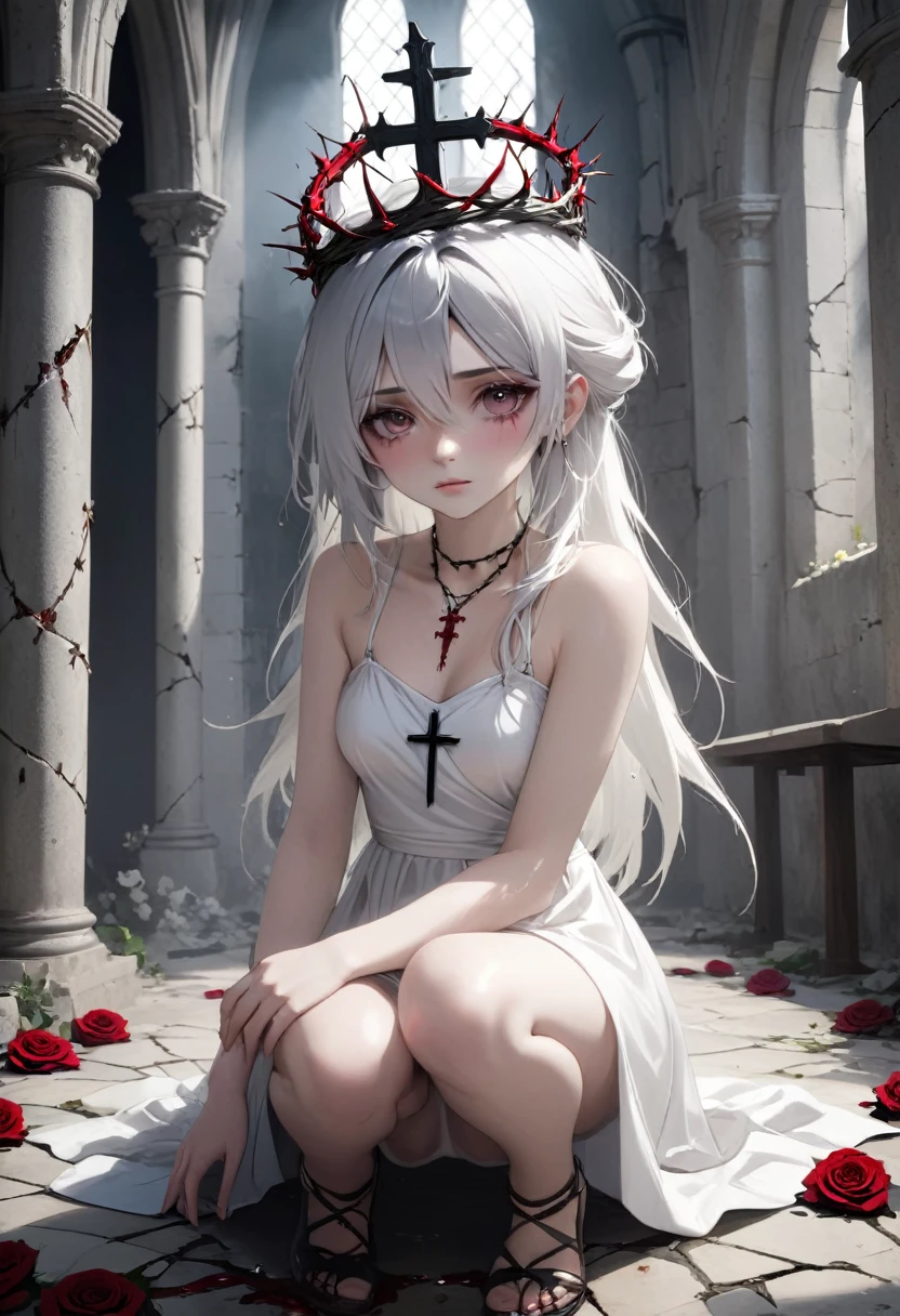 a girl with pale skin and white hair with gray undertones, wearing a crown of thorns from which small drops of blood trickle down her forehead, her eyes completely dark with an empty expression and a faint smile on her face, wearing a short white dress that reaches her knees, several silver roses adorn her body while sharp-thorned vines resemble necklaces wrapping her hands and waist, in a ruined church with cracked walls and broken windows, allowing in a timid light, next to an altar holding a cross adorned with various roses, an overall melancholic and mysterious atmosphere, emphasizing the loneliness and contrast between the girl's beauty and suffering