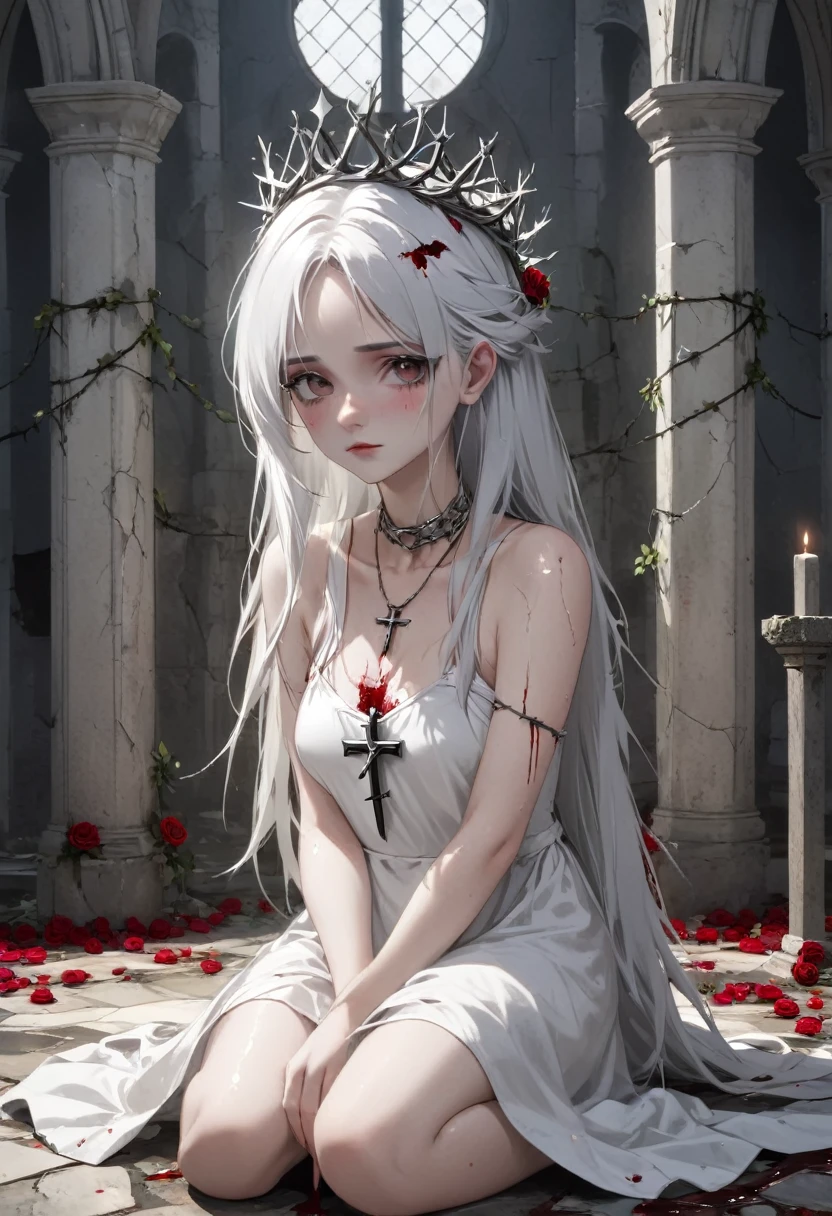 a girl with pale skin and white hair with gray undertones, wearing a crown of thorns from which small drops of blood trickle down her forehead, her eyes completely dark with an empty expression and a faint smile on her face, wearing a short white dress that reaches her knees, several silver roses adorn her body while sharp-thorned vines resemble necklaces wrapping her hands and waist, in a ruined church with cracked walls and broken windows, allowing in a timid light, next to an altar holding a cross adorned with various roses, an overall melancholic and mysterious atmosphere, emphasizing the loneliness and contrast between the girl's beauty and suffering