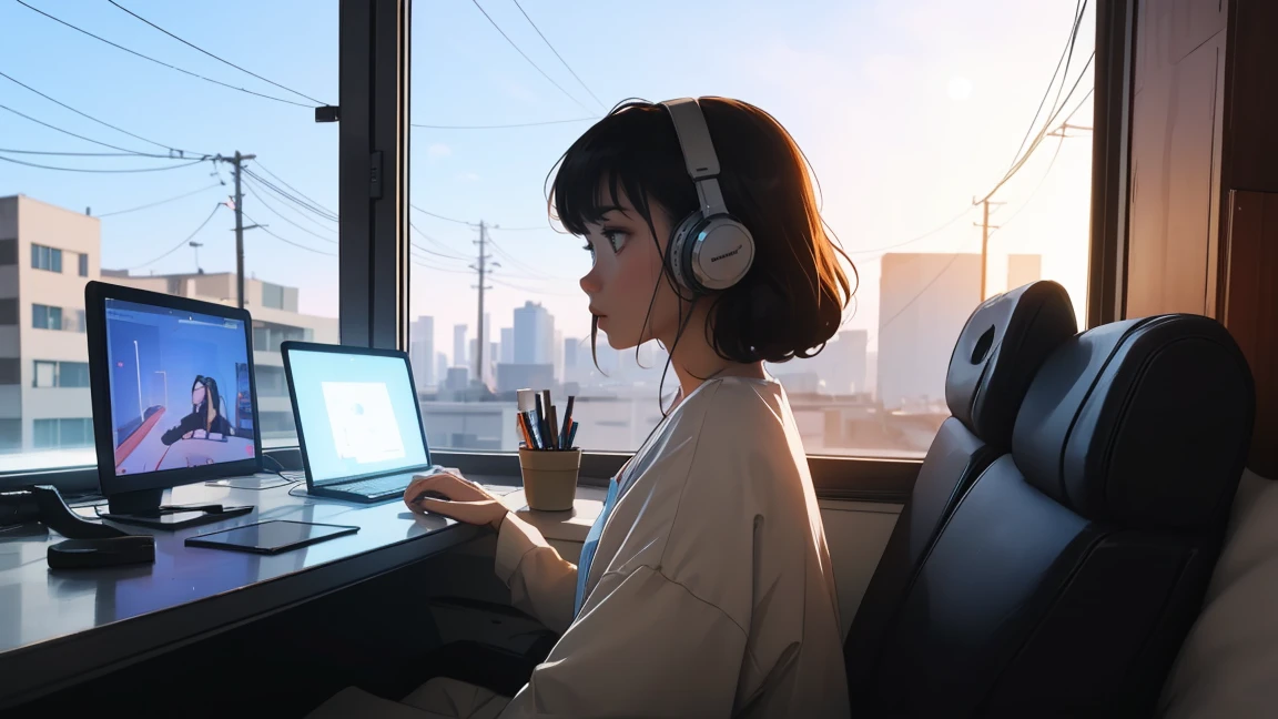 (Side view looking left), a beautiful woman working on a PC while sitting in a cozy bedroom, working while listening to music in a cozy room (night), using headphones, on a rooftop, (beautiful night views from windows), cluttered with many objects, 2D anime style, 90s anime aesthetics, lo-fi, highly detailed, hard disk, a mix of anime style and Fujifilm, surreal, 8k, masterpiece