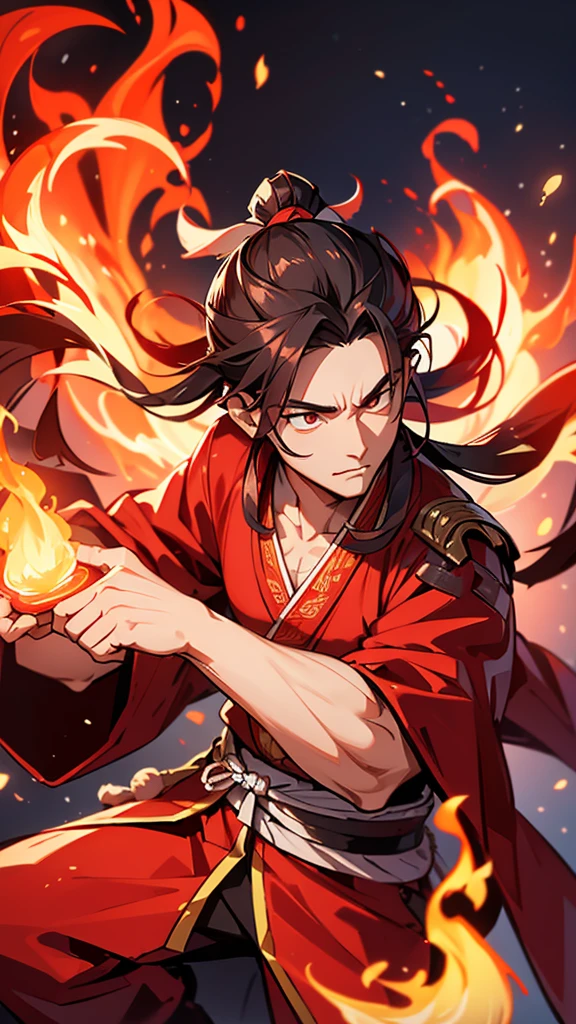 A young ancient Chinese man wearing a red Hanfu robe, his hair in a bun with flames on his back.