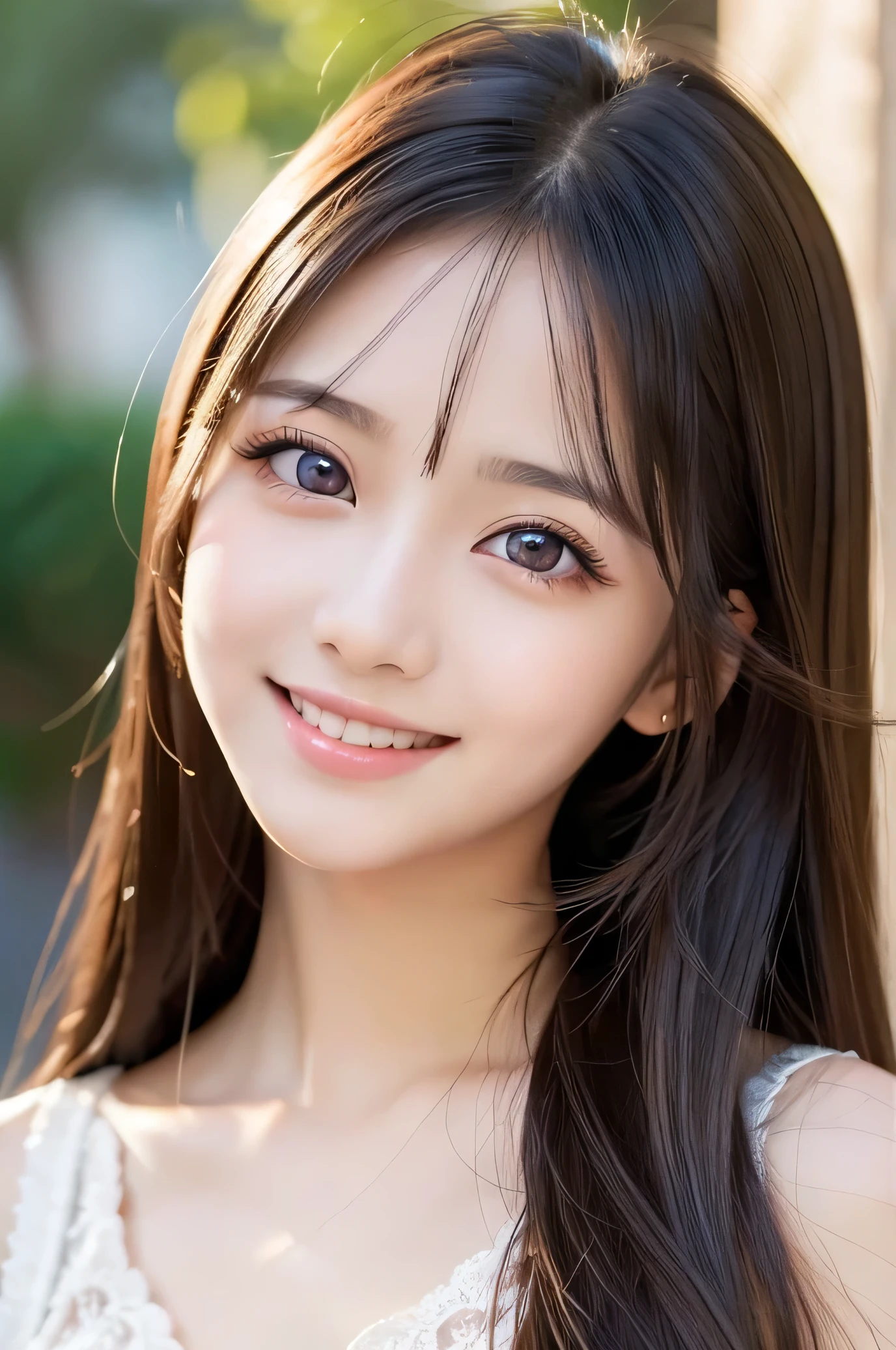 (Very beautiful  cute girl), (very  cute face:1.2),16 yo, (sparking crystal clear attractive large eyes), best looks, Beautiful detailed eyes, Detailed double eyelids, (smiling), (realistic photograph:1.2), long straight hair