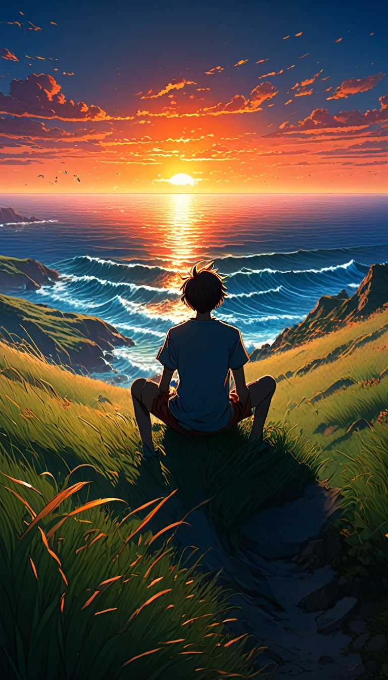 High quality, 8K Ultra HD. The image shows a boy sitting anime watching
The terrifying ocean at sunrise from a grassy hill, with a background of vibrant blue sky and red and orange hues of the sun. anime art wallpaper 4k, anime art wallpaper 4K, anime background, anime art wallpaper 8K, anime art background, anime landscape wallpaper, amazing wallpaper, high quality wallpaper definition,4k animated wallpaper,4k animated wallpaper,Aries Moross art,Bob Byerley art,AshleyWoodArtAI,greg rutkowski