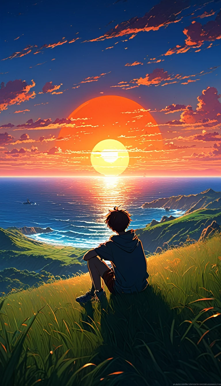 High quality, 8K Ultra HD. The image shows a boy sitting anime watching 
 The terrifying ocean at sunrise from a grassy hill, with a background of vibrant blue sky and red and orange hues of the sun. anime art wallpaper 4k, anime art wallpaper 4K, anime background, anime art wallpaper 8K, anime art background, anime landscape wallpaper, amazing wallpaper, high quality wallpaper definition,4k animated wallpaper,4k animated wallpaper,Aries Moross art,Bob Byerley art,AshleyWoodArtAI,greg rutkowski