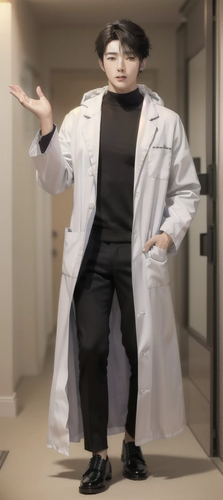 (Fair skin),((white lab coat)), (black hoodie underneath),Iris,(gender: Natural Face),(Japanese),(leather shoes),long body,handsome young asian man, Japanese idol style, short clean-cut hair, (center part), calm confident expression, hands in lab coat pockets, plain white background, portrait, high quality, detailed, 8K