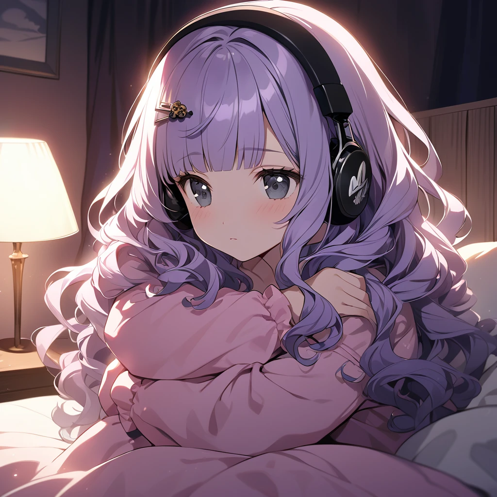  (Cute a girl:1.5), (a chibi girl with closs hair pin, pale purple hair, wavy hair, blunt bangs hair, green and black eyes,pink pajamas:1.4), anime visual, (tilt head:1.3), realistic lighting and shading, (an extremely delicate and beautiful art:1.3),Bedroom at night, knees hugged on bed, side view, square black headphones, Marshall logo on headphones, looking lonely,night lit,