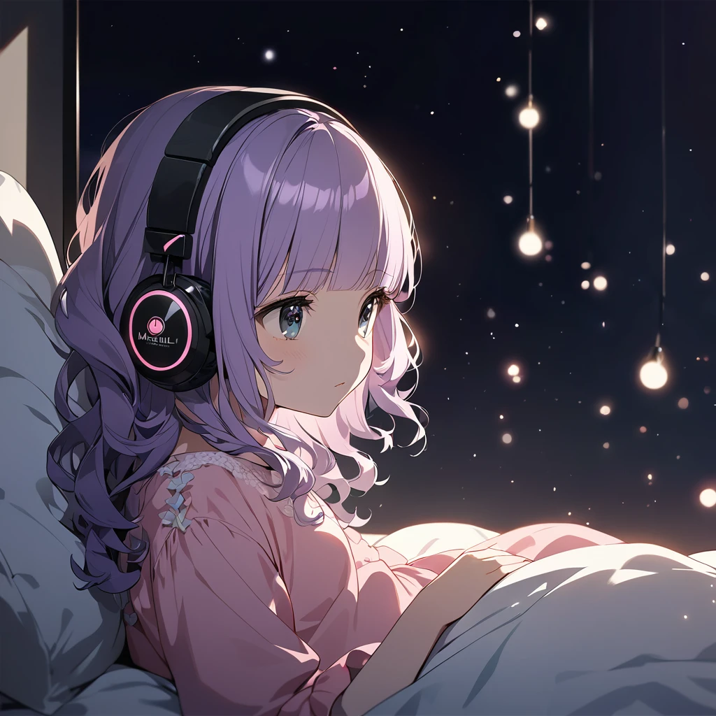 (Cute a girl:1.5), (a chibi girl with closs hair pin, pale purple hair, wavy hair, blunt bangs hair, green and black eyes,pink pajamas:1.4), anime visual, (tilt head:1.3), realistic lighting and shading, (an extremely delicate and beautiful art:1.3),Bedroom at night, knees hugged on bed, side view, square black headphones, Marshall logo on headphones, looking lonely,night lit,