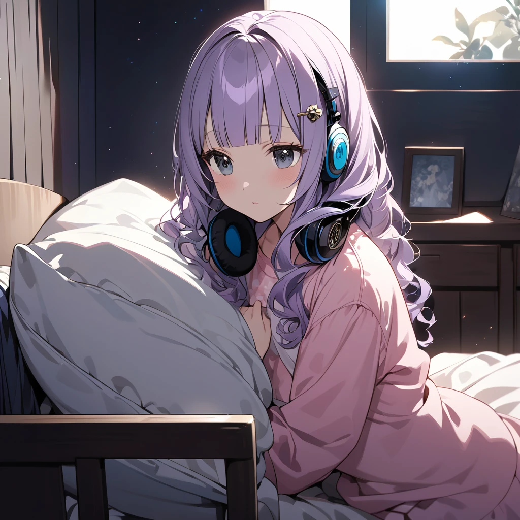 (Cute a girl:1.5), (a chibi girl with closs hair pin, pale purple hair, wavy hair, blunt bangs hair, green and black eyes,pink pajamas:1.4), anime visual, (tilt head:1.3), realistic lighting and shading, (an extremely delicate and beautiful art:1.3),Bedroom at night, knees hugged on bed, side view, square black headphones, Marshall logo on headphones, looking lonely,night lit,