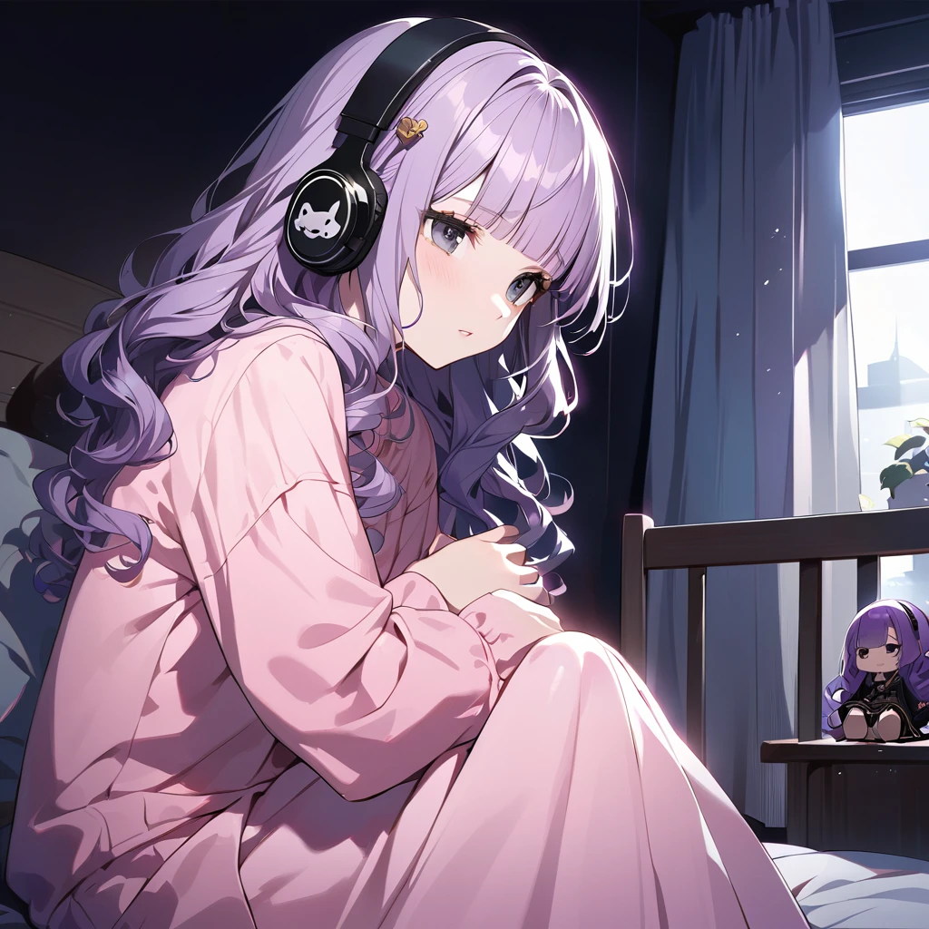 (Cute a girl:1.5), (a chibi girl with closs hair pin, pale purple hair, wavy hair, blunt bangs hair, green and black eyes,pink pajamas:1.4), anime visual, (tilt head:1.3), realistic lighting and shading, (an extremely delicate and beautiful art:1.3),Bedroom at night, knees hugged on bed, side view, square black headphones, Marshall logo on headphones, looking lonely,night lit,