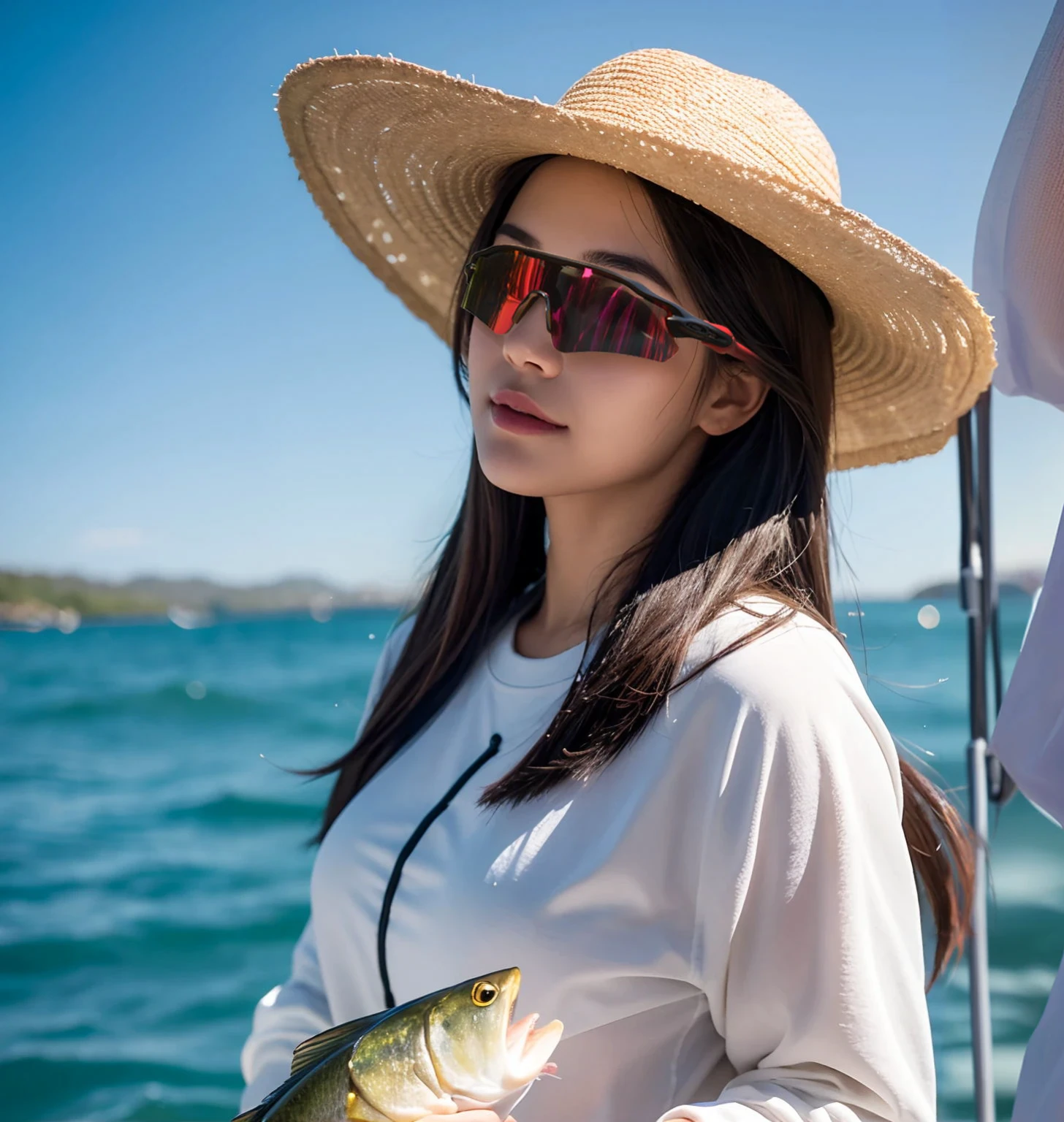 一个美女站在白色的Boat前面，Background of the ocean，Boat，Sunlight，seaside，sun，Blue sky and white clouds