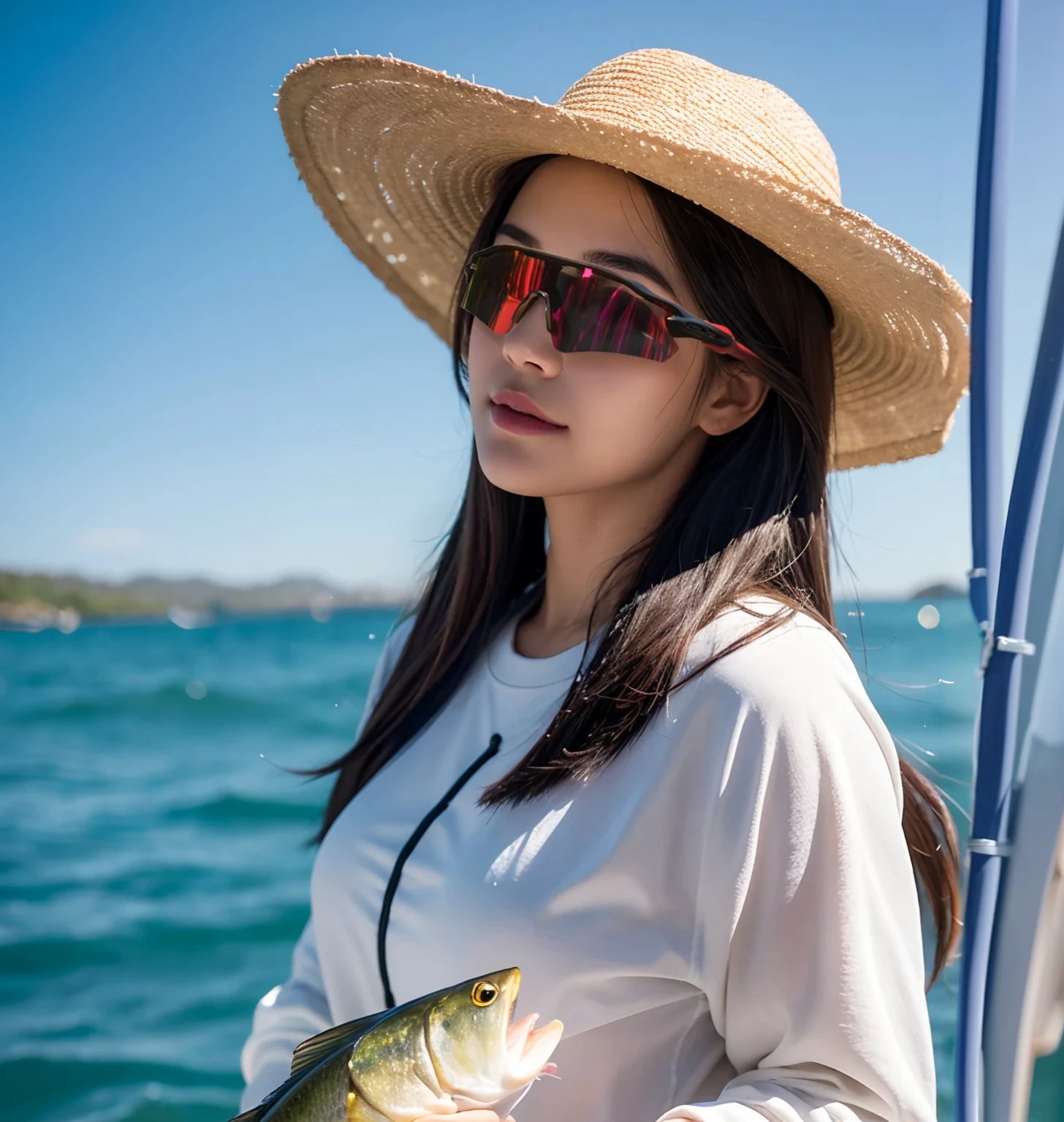 一个美女站在白色的Boat前面，Background of the ocean，Boat，Sunlight，seaside，sun，Blue sky and white clouds