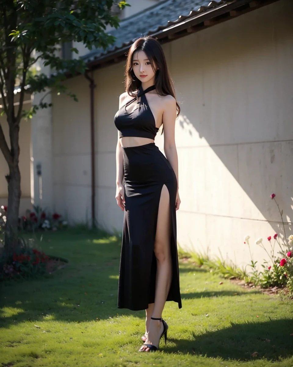 Beautiful Chinese waifu, early 30s, brunette hair, black dress