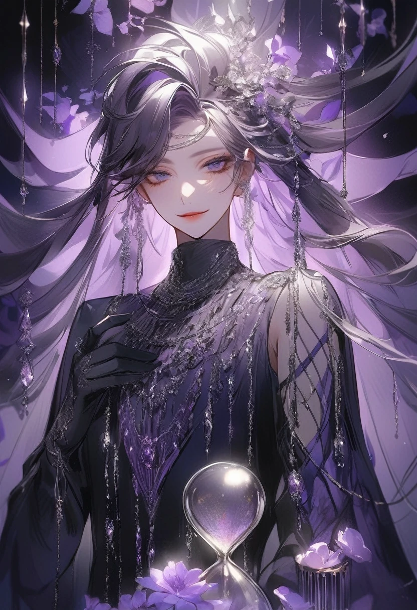 Feminine boy, soft womanish facial features, smile, squinted siren dark blue eyes without glare, silver and dark purple long loose hair with straight bang, fantasy black clothes with blue and purple elements, long black gloves, model, gorgeous, elegant, lots of silver jewelry, flowers in his hair, skinny body, hourglass figure, light lipstick