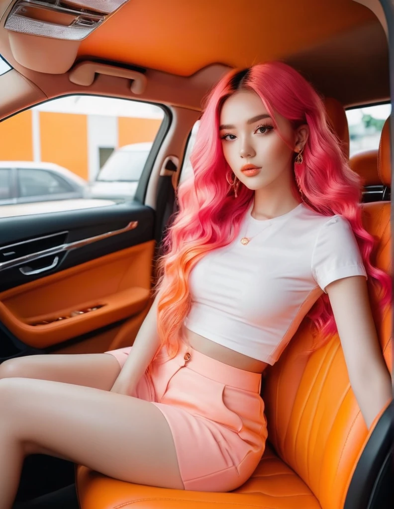 very attractive 25 year old girl with long wavy bright pink hair, araffe in an จั้มสูทorange sitting in a car, wearing an จั้มสูทorange, จั้มสูทorange, Julia Rasumova&#39;s style, orangeสดใส, สวมชุดจั๊มพ์สูทเรือนจําorange, โทนorange, ชุดorange, Eva Max, orange, , ตัวorange, go ahead, โทนorange, Instagram model, นีออนorange, orange peel