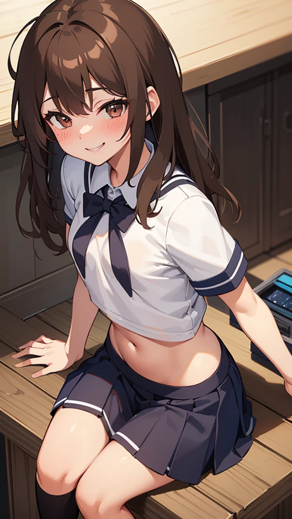 drunk girl ((mischievous smile)) ((messy uniform))((messy school uniform)) ((blushing)) ((sitting)) ((Brown hair)) ((the plan)) ()thin and very not voluptuous body)) ((small breasts)) ((small hips)) 