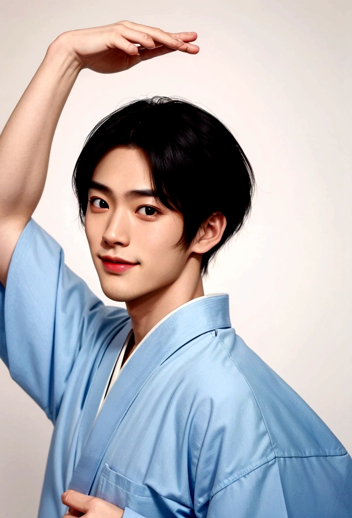big smiling man, ((OK Sign)),(Fair skin),(know),Iris,(gender: Natural Face),(Japanese),long body,handsome young asian man, Japanese idol style, short clean-cut hair, ((center part)), plain white background, portrait, high quality, detailed, 8K, シン・ジニョン, , ウォンビン・リー,