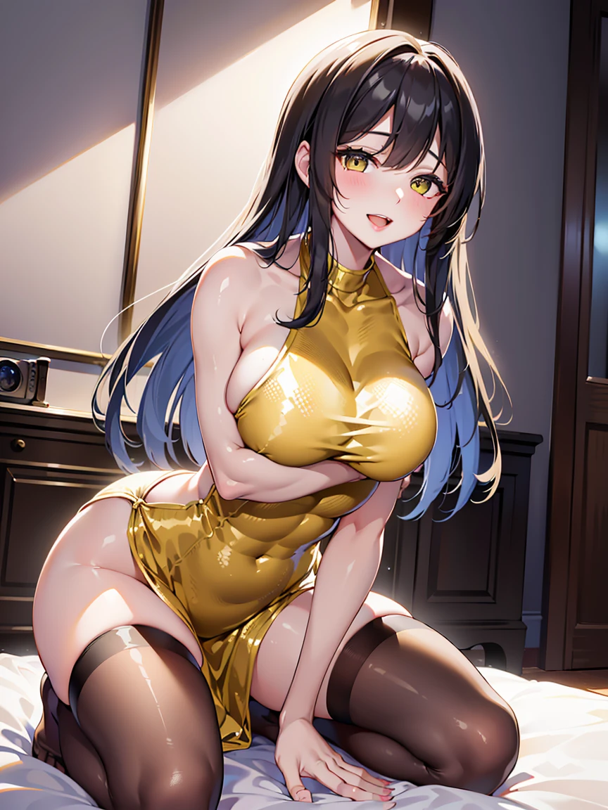 (One girl:1.3, alone), (night situation:1.5), (masterpiece, Highest quality, photoRealistic, High resolution, photograph, :1.3), Super detailed, Sharp focus, プロのphotograph, 商業photograph, (Upper Body:1.3, Bust-up portrait), (From below:1.2), One girl, Top girl, (Leaning forward:1.3), break, 1 brunette girl, alone, European Girls, Hot Model, Highly detailed eyes and pupils, Realistic skin, (Attractive body, Large Breasts:1.25, Narrow waist:1.15), Thin half-up hairstyle, A single hair, Very fine hair, Delicate and sexy face, Sensual Gaze, Glossy Lips, Red nails, break, (Yellow Luxury Sequin Dress:1.3), (Oilskin), (Shiny skin), (Black Stockings:1.3, Absolute area:1.3), break, (Private esthetic room, In beauty salons, On the bed:1.1), (Lots of aroma oil bottles:1.0), (Lots of brown towels:1.2), break dark room, indirect lighting, (night:1.3), break, (Attractive pose, kneeling On the bed:1.3, Put your arms behind your back), ((Realistic, super Realistic, realism, Realistic detail)), Perfect Anatomy, Perfect Proportions, Bokeh, Depth of written boundary, Ultra-sharp images, (Attractive emotions, Captivating smile:1.2, Happy:1.2, blush:1.2, :d:1.2, :p:1.2), Four fingers and thumb, Perfect human hand,