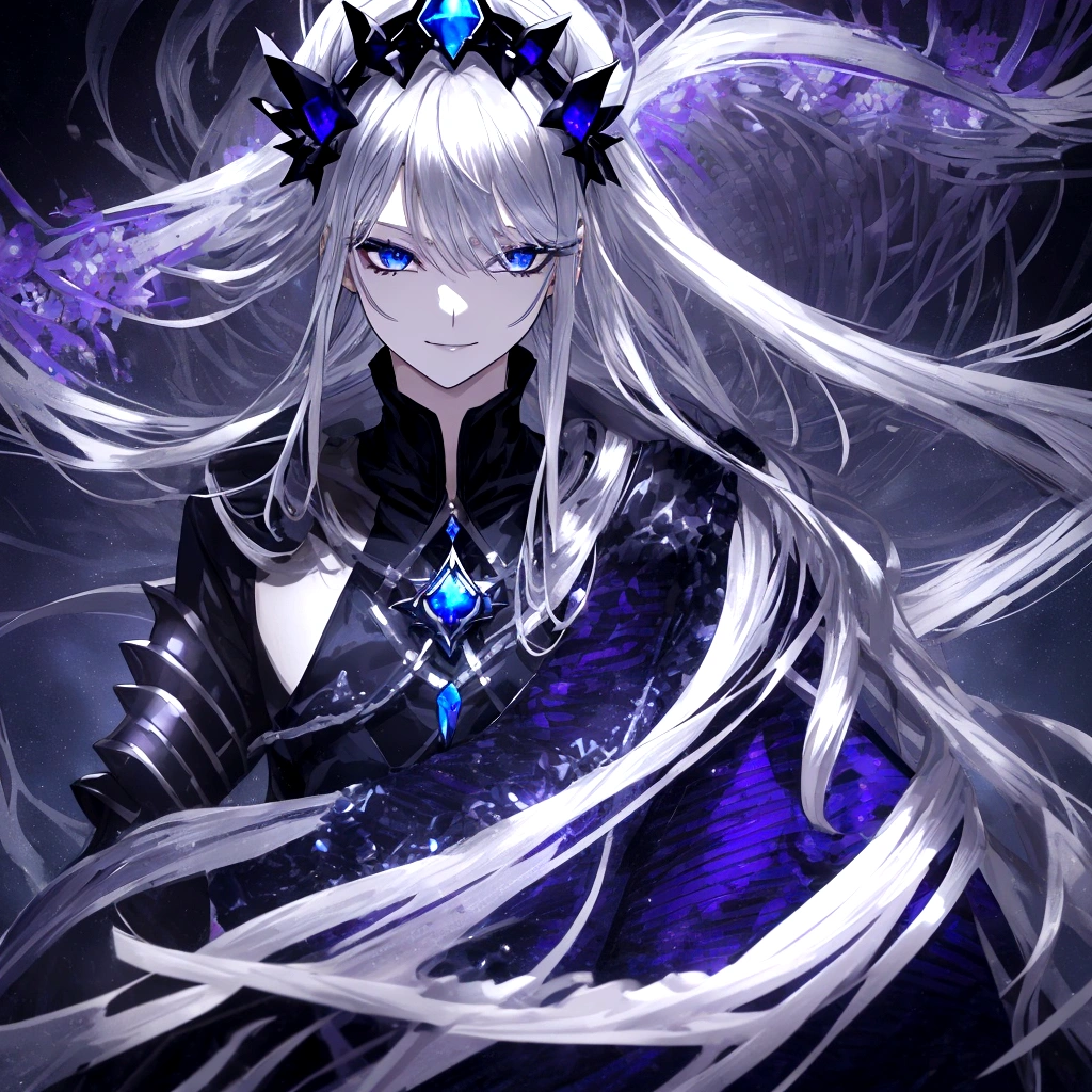 Guy, beautiful facial features, smile, squinted siren dark blue eyes without glare, silver and dark purple long loose hair with straight bang, fantasy black clothes with blue and purple elements, long black gloves, model, gorgeous, elegant, lots of silver jewelry, flowers in his hair