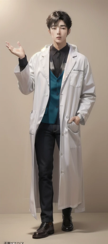 (Fair skin),((white lab coat)), (black hoodie underneath),Iris,(gender: Natural Face),(Japanese),(leather shoes),long body,handsome young asian man, Japanese idol style, short clean-cut hair, (center part), calm confident expression, hands in lab coat pockets, plain white background, portrait, high quality, detailed, 8K