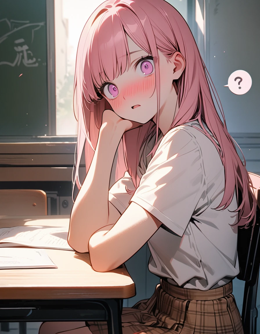 (8K, best quality, master piece: 1.2),madeon,super high resolution,1 cute girl,solo,,ultra-detailed face,detailed eyes,pink eyes,upturned eyes,Sitting in a chair,(head tilt),fold-arms,spoken question mark,Straight hair,Long hair,Smoky pink hair,,short sleeve shirt,Brown skirt in plaid skirt,shocked,nose blush,There is a study desk in front of the girl,rim light,blackboard in front,indoors coaching school