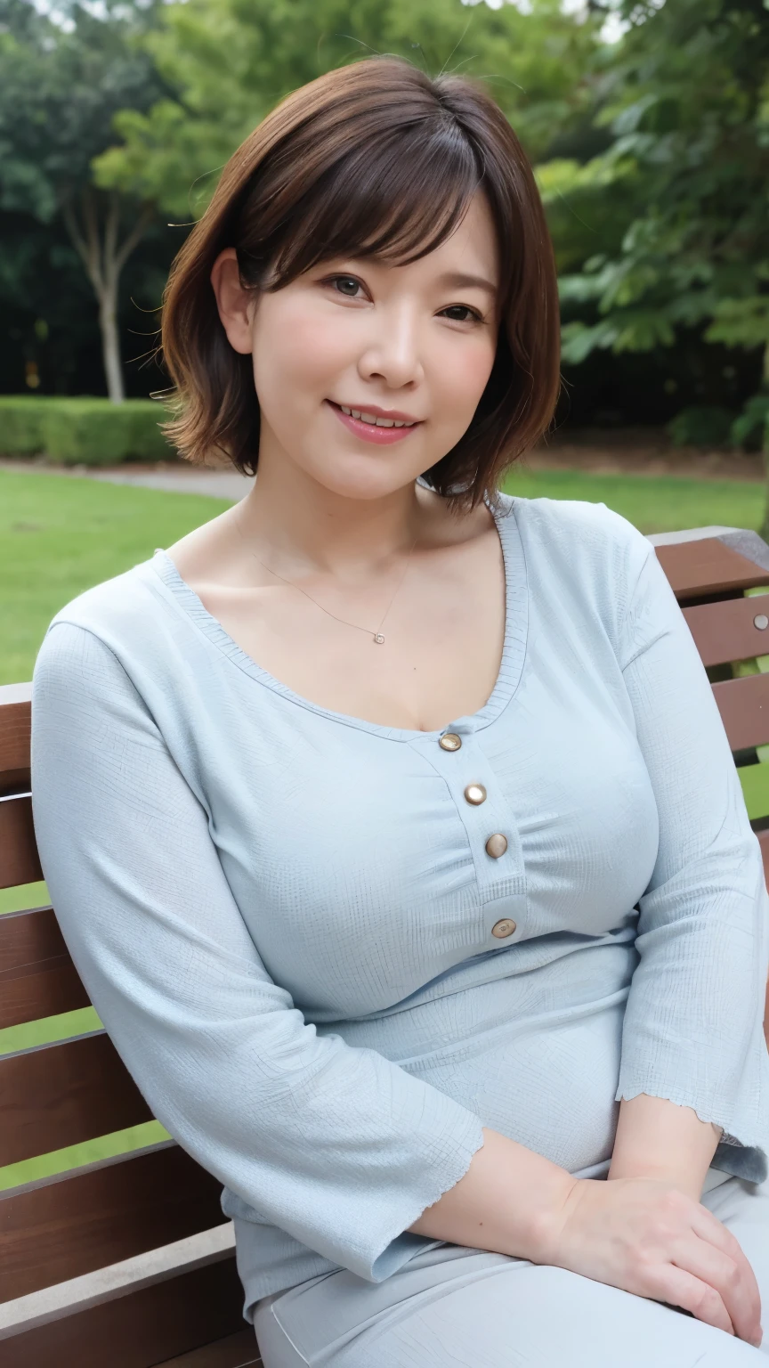 最high quality, In 8K, Masseter region, Genuine, Sharp focus, high quality, High resolution, Detailed face, fine grain, Thick lips, Background Blur, alone, Middle-aged women, , 65 years old, , Wavy Hair, Cleavage, Wearing a plain short-sleeved knit, sitting on a park bench, Wrinkles around the eyes, Smiling with teeth showing