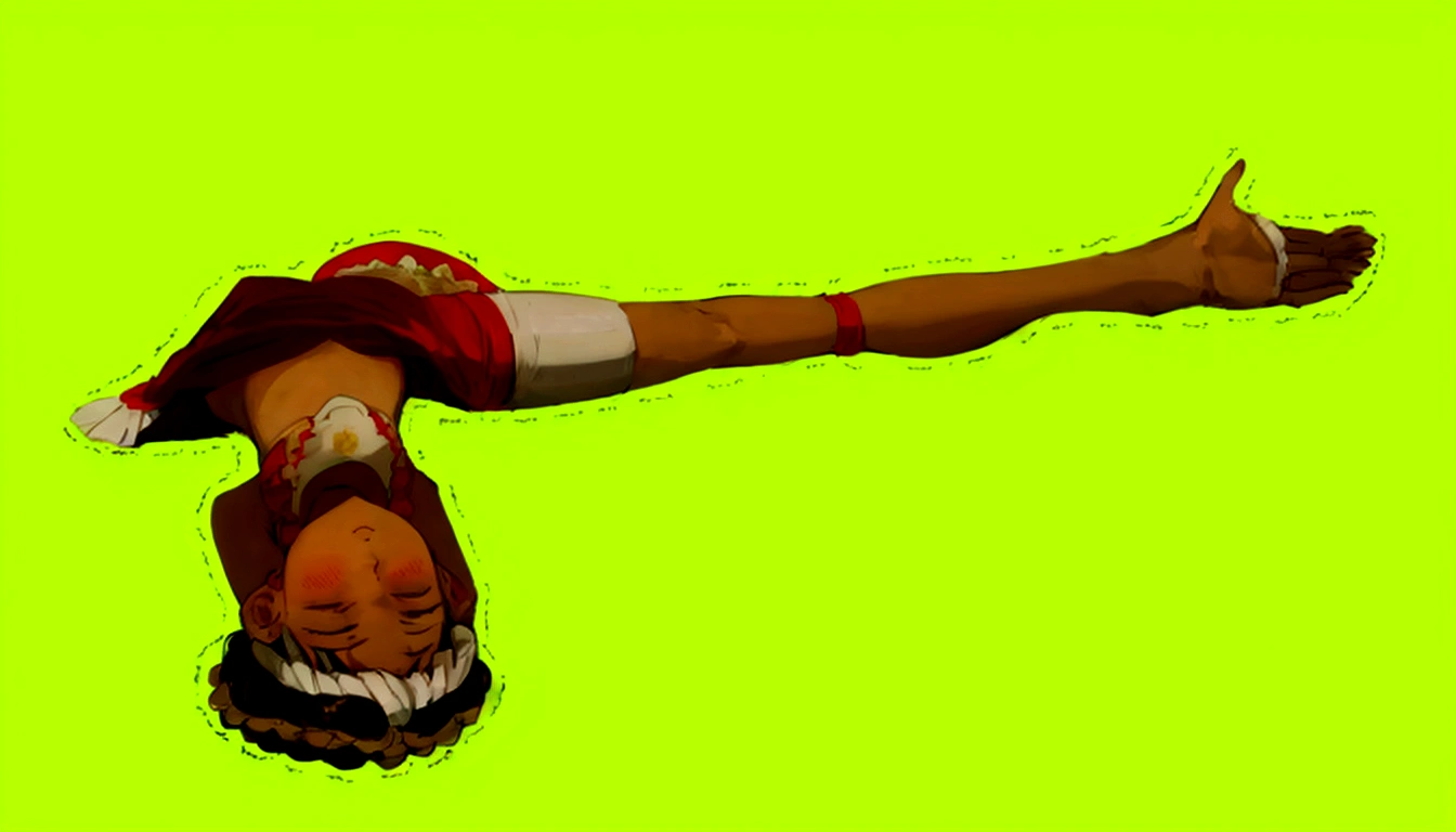 A anime girl wearing red and white indian outfit sleeping on head down and eyes open