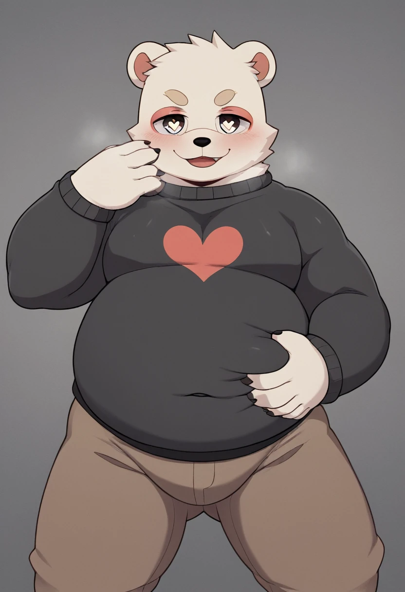 A man slightly chubby, shaped like a White bear with horny face heart-shaped eyes he is not wearing clothes and he is being raped, touching own self 