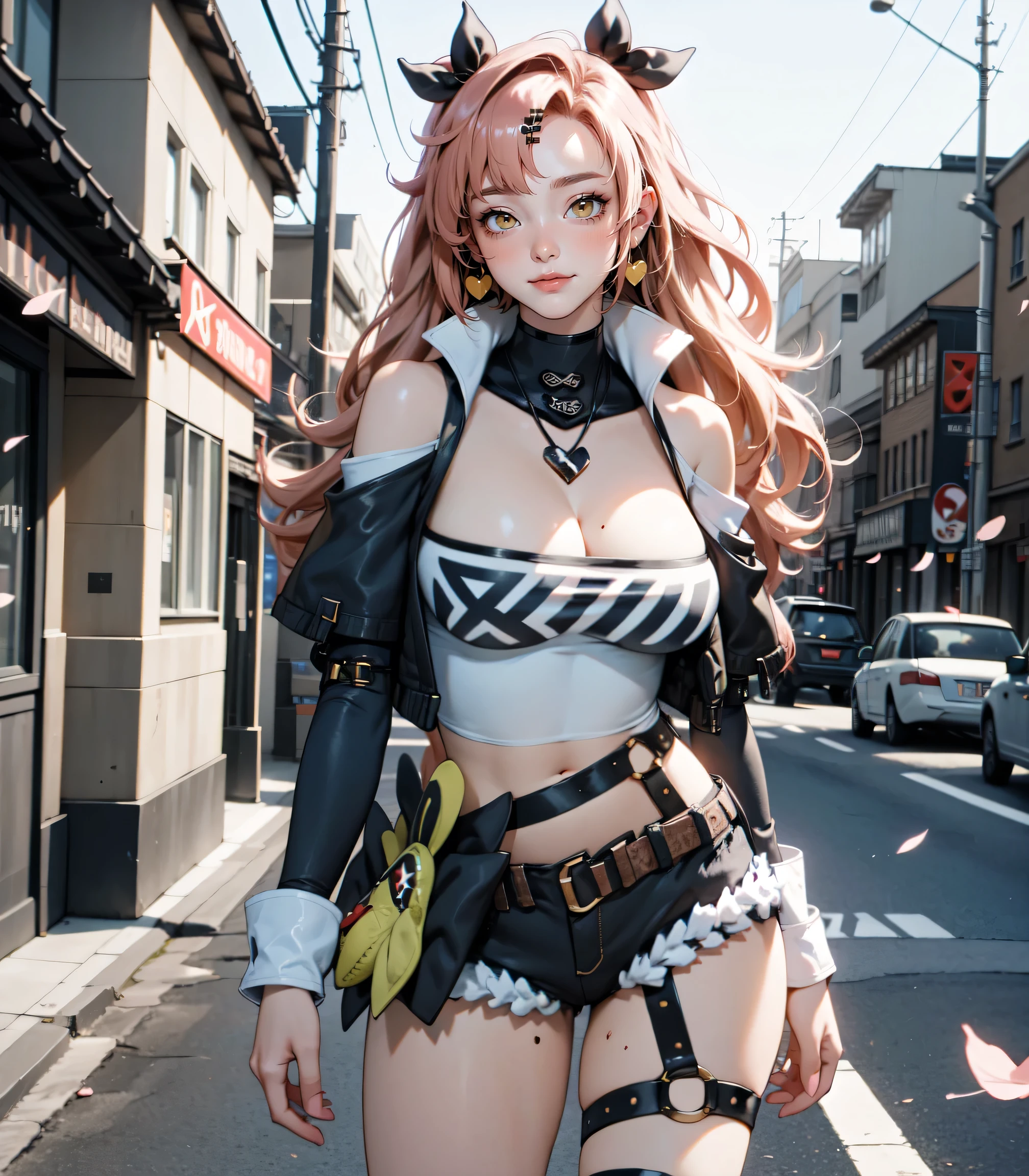 Masterpiece, best quality, extremely detailed artwork, award winning, retina, soft light, sharp focus. (((solo))), (cowboy shot:1.5),
nicole demara
tube top, single thighhigh, short shorts, cropped jacket, belt boots, hair ribbon, hairclip, earrings, single sock, high belt, thigh strap, detached sleeves, doll, black collar, smile, looking at viewer, outdoors, street, cherry blossoms, petals, open legs, embarrased, blushing, standing
Huge breasts, Turned, erotic and provocative, (EMPTY STREET)
FULL BODY SHOT, ultra wide angle, smooth perfect skin, smooth_skin, face detail, clean skin, perfect hands, perfect anatomy, anatomically correct,
(realistic city background:1.2)