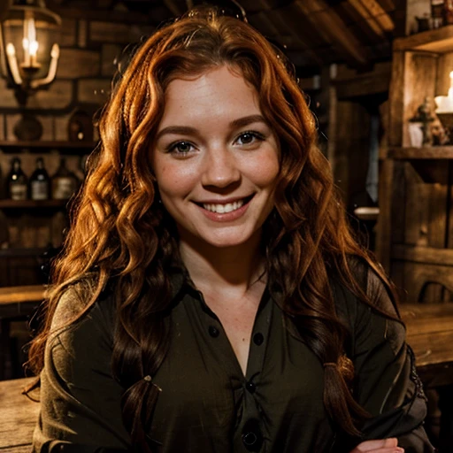 halfling woman, cute, in a fantasy tavern, high cheekbone, smiling, long ginger curly hair, many freckles