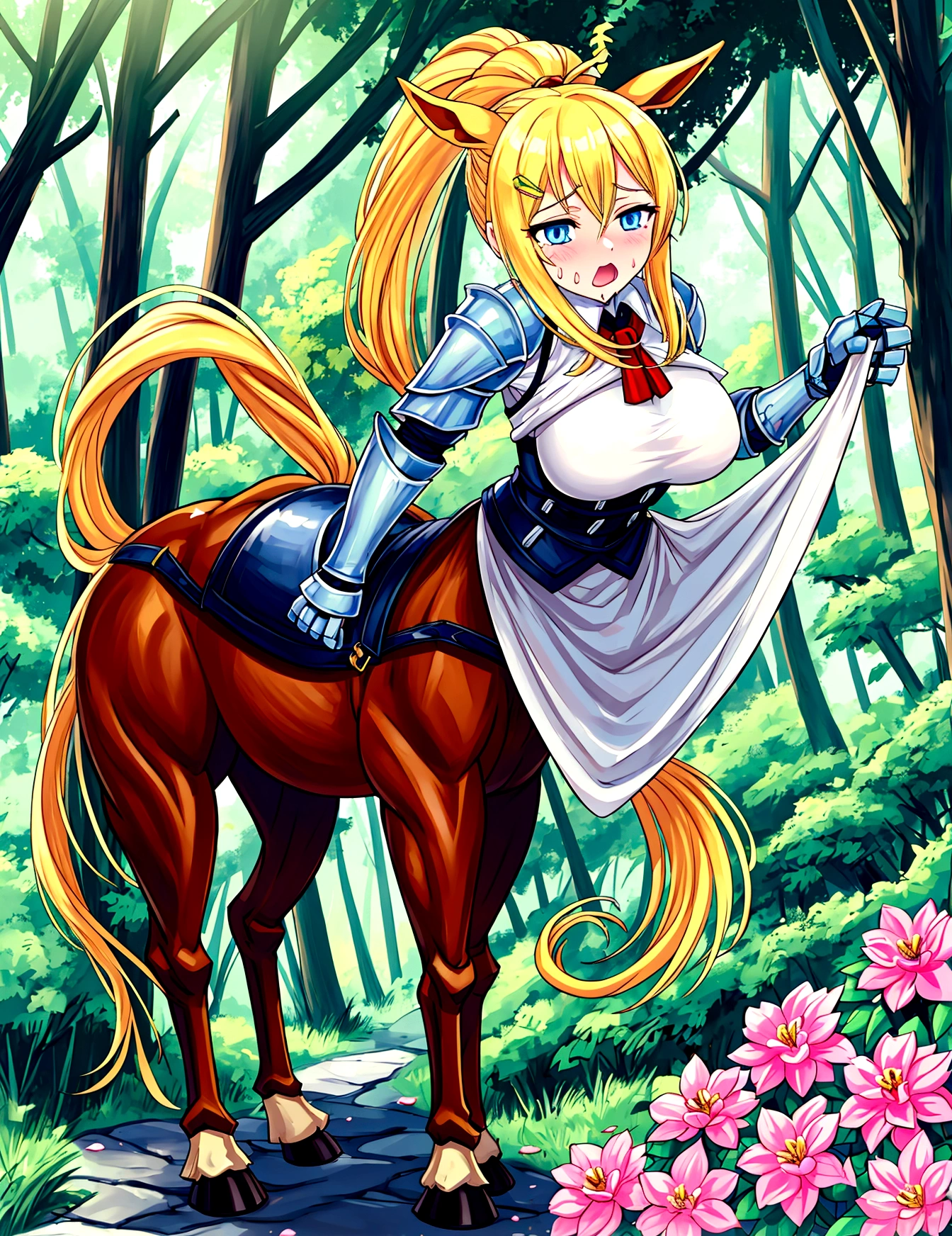 Anime centaur.1 girl. cutie. centaur girl, Half man. monster girl. centaur. Girl - horse. blonde. long hair. hair ornament. Her hair is pulled back into a high ponytail.. Blue eyes. Beautiful eyes. Perfect eyes. expressive eyes. perfect face. face, about to sneeze sneezing face. Beautiful nose. Snotty nose. Long snot hanging from the nose after sneezing. 16 years. big breasts. beautiful breasts. girl knight. centaur knight. She is ill. She got sick. She has allergies. She has a runny nose. nasal mucus. She has snot. She wants to sneeze. She needs to sneeze. She has a strong, desperate urge to sneeze. She sneezes. She sneezes. Splashes of snot fly to the sides. Snot flows from the nose. She has her period. Her crotch is bleeding. in the middle of a forest. Ideal anatomical body. Lower body of a horse.. Horse slender legs. hooves instead of feet. white linen blouse. Light plate armor - corset. skirt. no panties. standing. full height. beautiful character design. shiny skin. whole body. NFS. official art. чрезвычайно подробные обои CG Unity 8k. perfect lighting. 4K ultra-high resolution. Super detailed 8K resolution. A high resolution.
