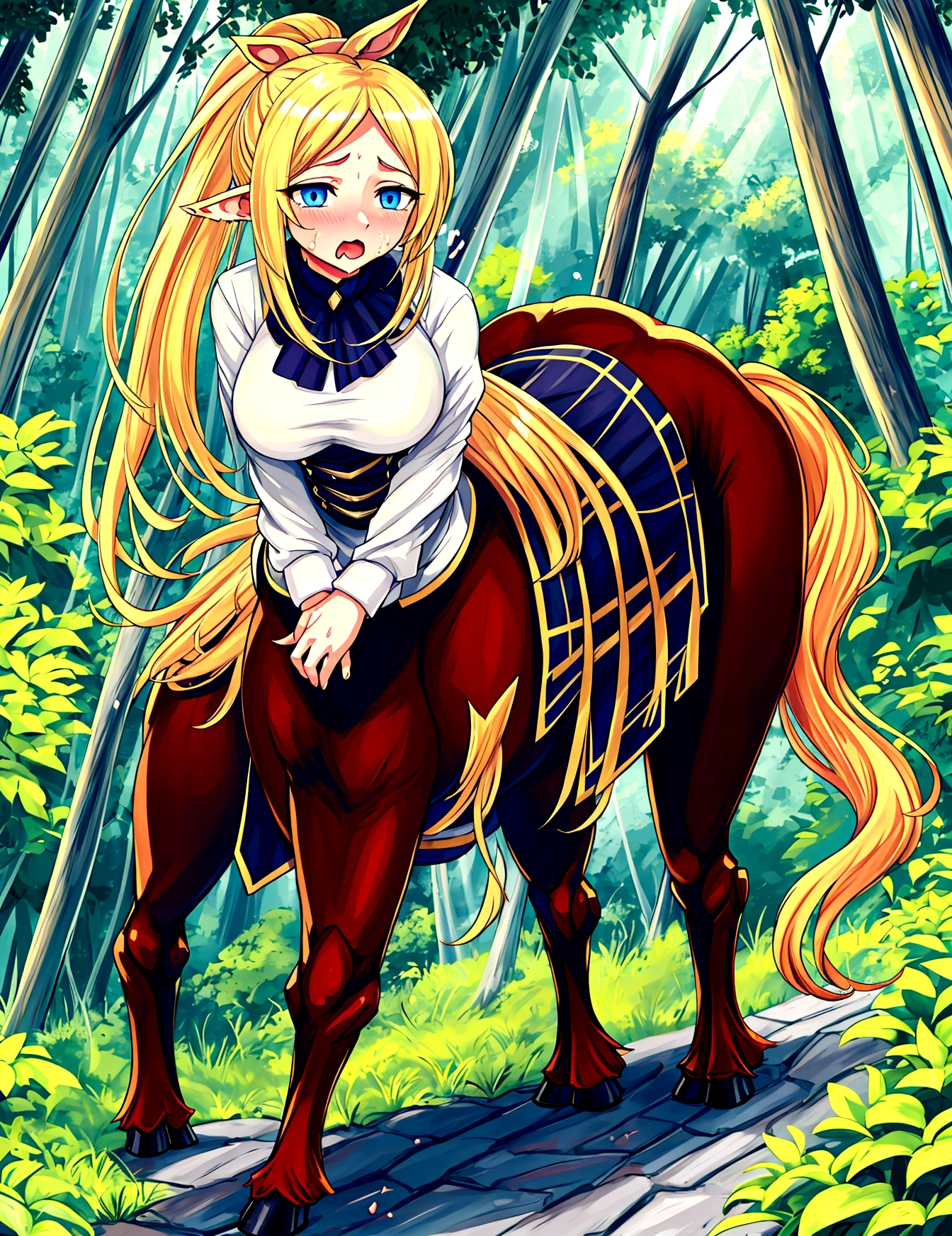 Anime.1 Girl. Cute girl. Baby. Monster girl. Centaur. Clumsy. Blonde. Long hair. Blue eyes. Beautiful eyes. Perfect eyes. Expressive eyes. Ideal face. . Small breasts. Flat chest. Ideal anatomical body. Nude body. The upper half of the body is human. Below the waist - horse. Horse body. Horse legs. Horse tails. Cold. Runny nose. Snot flows from the nose. Wants to sneeze. I have to sneeze. Violent, desperate desire to sneeze. She is sneezing. Covers his nose with his hands. Jansai handkerchief. Blows his nose. Standing. Standing at full height. Standing in the forest. Standing in the middle of the forest. Beautiful character design. Shiny skin. Full body. nsfw. Scat. Official art. Extremely detailed CG Unity 8k wallpaper. Ideal lighting. Ultra high resolution 4K. Super detailed 8K. A high resolution.