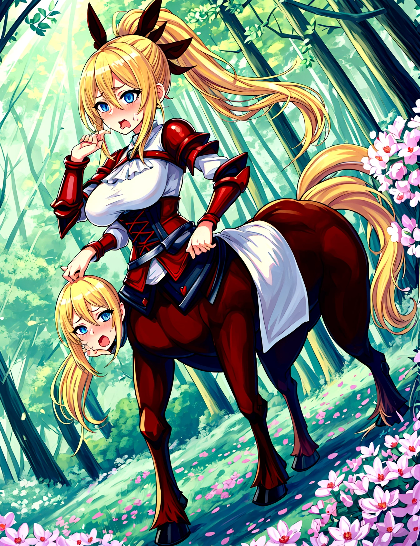 Anime Centaur.1 girl. Cute girl. Centaur girl, Half-human. Monster girl. Centaur. The girl is a horse. Blonde. Long hair. Hair ornament. Her hair is pulled back into a high ponytail. Blue eyes. Beautiful eyes. Perfect eyes. Expressive eyes. Ideal face. Face about to sneeze
Sneezing face. Beautiful nose. Snotty nose. A long snot hangs from the nose after a sneeze. 16 years. Big breasts. Beautiful breasts. Girl knight. Centaur knight. She is ill. She has a cold. She has allergies. She has a runny nose. Nasal mucus. She has snot. She wants to sneeze. She needs to sneeze. She has a strong, desperate urge to sneeze. She sneezes. She sneezes. Sprays of snot fly to the sides. Snot flows from her nose. She's on her period. Her crotch is bleeding. In the middle of the forest. Ideal anatomical body. The lower part of the body is equine. Horse slender legs. Hooves instead of feet. White linen blouse. Light plate armor - corset. Skirt. No panties. Standing. Full height. Beautiful character design. Shiny skin. Whole body. NFS. Official art. Extremely detailed CG Unity 8k wallpaper. Ideal lighting. Ultra high resolution 4K. Super detailed 8K. A high resolution.