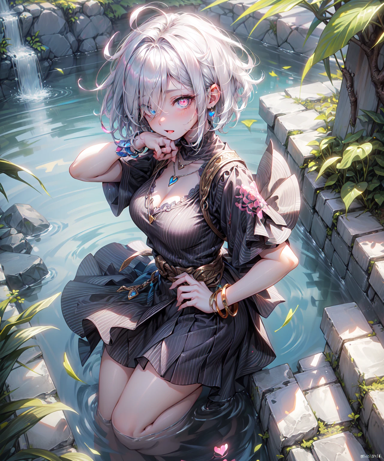(Highest quality、High resolution、8K、masterpiece:1.2)。Look away、Open your mouth、Pink Eyes、Silver Hair、Heart shaped pupil、teeth、tongue、tongueを出す、（Original Character, (1 Girl)、Perfect Face、((short hair:1.2))、(Hair above one eye:1.3)、[[Disheveled Hair]]、Colorful Hair、Detailed eyes that shine、Light and shadow、Glowing Skin、 (Curvy but slim), ((High angle shot))、Sexy look、Use something sexy、（background：Mountain、nature）Full body、bracelet、necklace、Wild Fashion、Disheveled clothes、sunglasses、Follow the Silver Wolf、Tarzan、