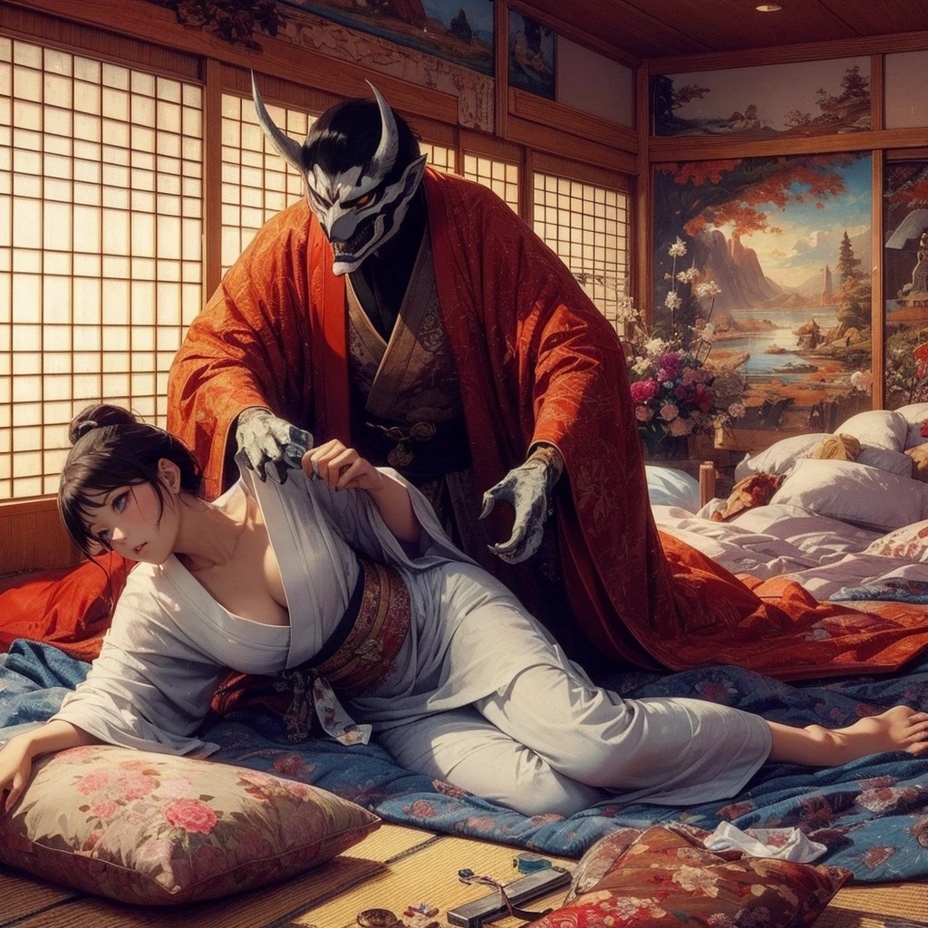 Land of Rakshasa、Japan、An evil magistrate attacks a woman in his mansion.、On the futon、bedding、(A thin, pale-skinned young woman), The merciless demons、Hell on Earth、Dark Clouds、A cruel world where people are no longer people, Unusual painting style、Oblique composition、Bird's-eye view、(A demon attacks a fleeing woman)、Masterpiece Best Quality、Photorealistic portrait photography, Photorealistic shiny skin, Japanのホラー