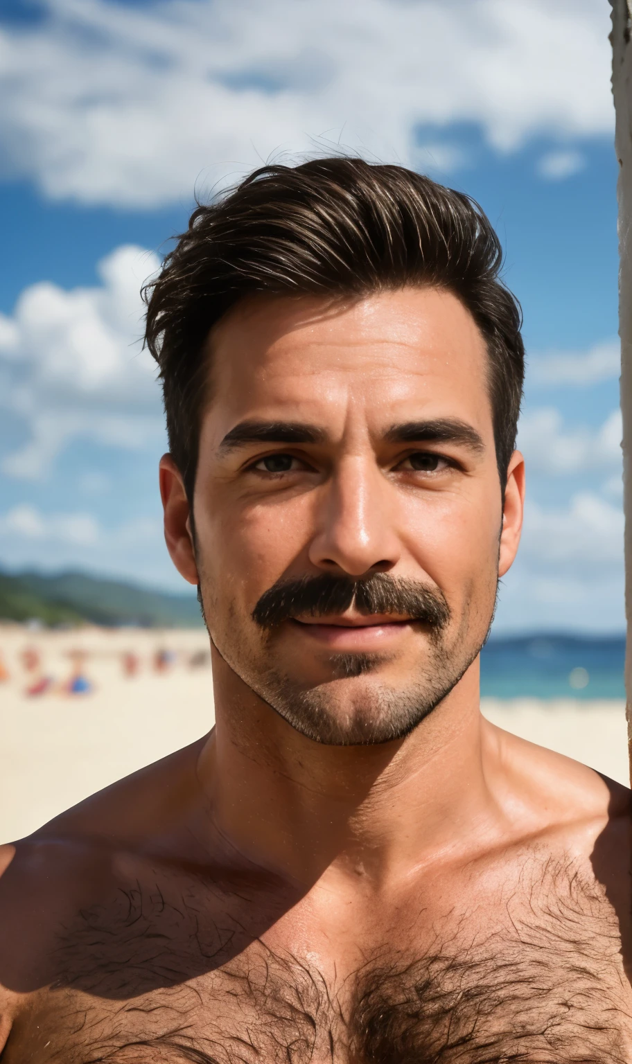 masterpiece, best quality, high resolution, closeup portrait, male focus, solo focus, A man, 60 years old, white grey hair, hairy armpits, thick moustache, in speedo, grey silver hair, messy hairstyle, seductive face, smirk, old but attractive, bare chest, body hair, hairy armpits, facial hair, pale skin, sun freckles, roman nose, very skinny body, very hairy legs, male legs, attractive hairy legs, cute, white chest hair, very hairy chest, dimples, scruffy beard, very hairy armpits, bold jawline , sweaty, in the background a beach on a cloudy day, view from below, amazing composition, front view, HDR, ultra quality, elegant, highly detailed