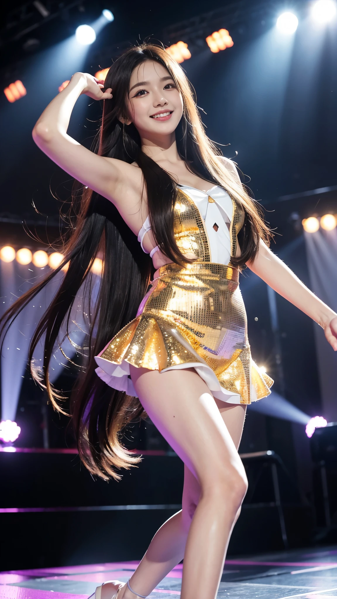 8K, best quality, high resolution, realistic, real person, A live stage with a large audience,girls, young and cute idol,(long straight hair),, Long Beautiful Legs, Dancing wildly in various poses while smiling on stage, With the microphone in hand, Gorgeous costume revealed, A beautiful light comes on