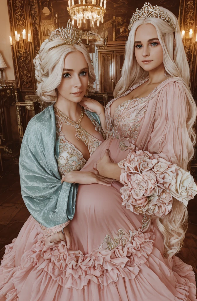 White Blonde hair, fluffy hair, stylish hair, long hair, lilac eyes, perfect eyes, beautiful, perfect face, tween, , short, kind, curvy, a flowing pale airy gown with ruffles along the bottom with tiny pink flowers and gold dragon embroideries with flowers, Her tiara had a pretty teal gemstones, silver necklace, noble class, royal, royalty, red castle, feasting hall, medieval, elegant surroundings, soft dewy makeup look, light peach blush, soft tan eyeshadow, light coral lipstick, cutesy, girlish, girly, guileless, ingénue, princess , whimsical lighting, Targaryen, dragons in the sky, photorealistic, pregnant, baby bump,