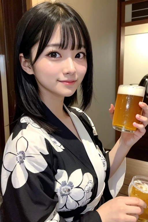(Close up portrait of cute slender small breasts girl and short hair with dull bangs:1.5)、(Smiling girl wearing colorful yukata and holding glass of beer :1.3)、(Japanese style room:1.2)、(tre anatomically correct:1.3)、(complete hands:1.3)、(complete fingers:1.3)、Photorealsitic、Raw photography、masutepiece、top-quality、Hi-Res、delicate and pretty、face perfect、Beautiful detailed eyes、Fair skin、Real Human Skin、pores、((thin legs))、(Dark hair)