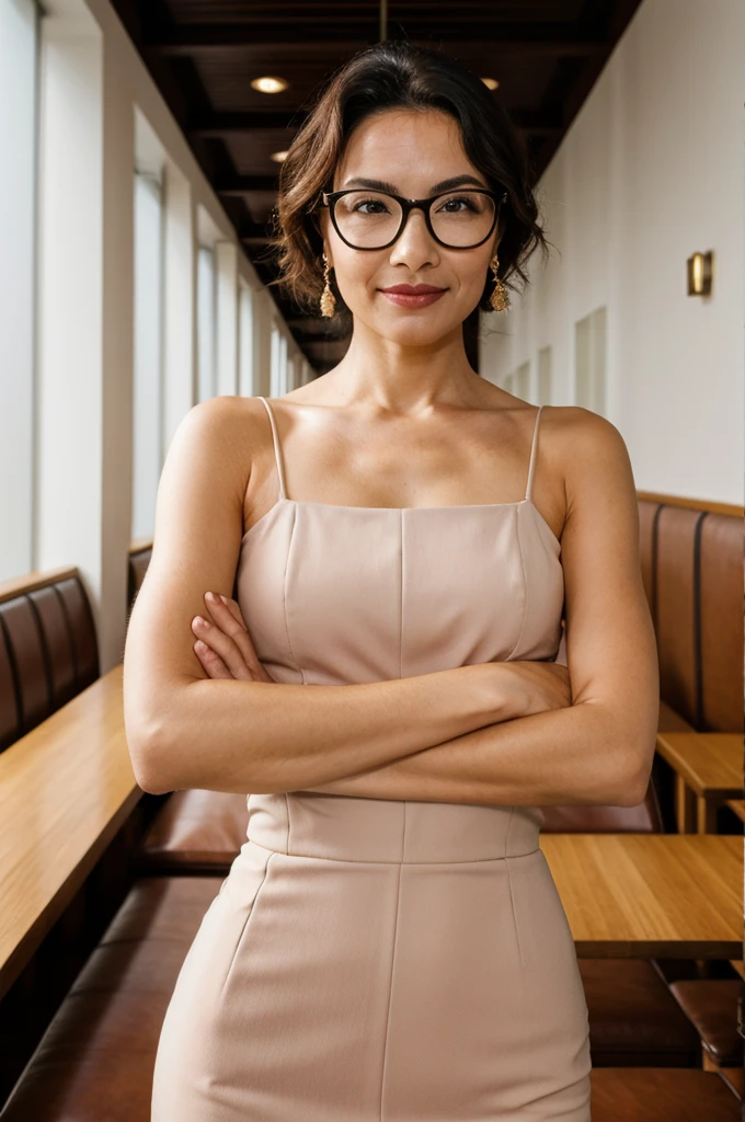 a woman with glasses is posing for a picture, a stock photo, shutterstock, elegant interior, woman in business suit, standing in a restaurant, portrait symetrical