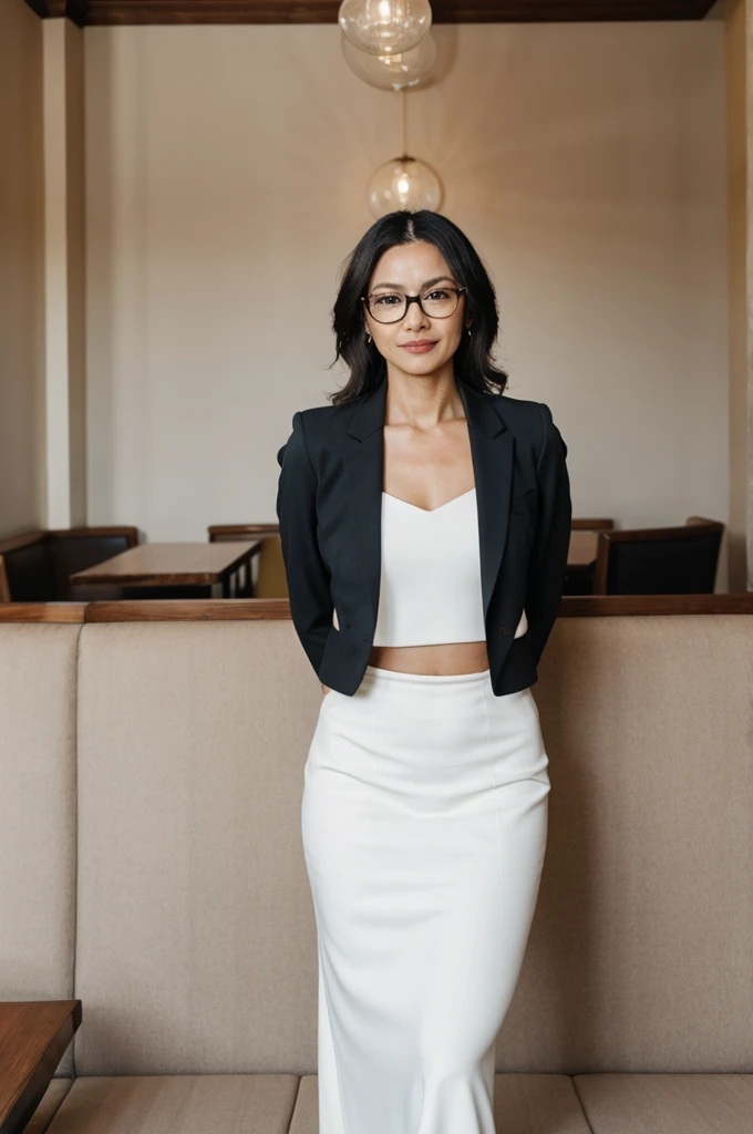 a woman with glasses is posing for a picture, a stock photo, shutterstock, elegant interior, woman in business suit, standing in a restaurant, portrait symetrical