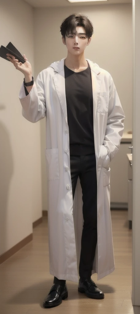 (Fair skin),((white lab coat)), (black hoodie underneath),Iris,(gender: Natural Face),(Japanese),(leather shoes),long body,handsome young asian man, Japanese idol style, short clean-cut hair, (center part), calm confident expression, hands in lab coat pockets, plain white background, portrait, high quality, detailed, 8K